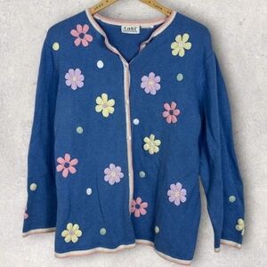Vintage Granny Core Sweater Embroidered Floral Cardigan Knit Blue Pastel Size XL